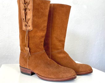 Leather brown boots, mens western Cowboy footwear , suede leather thick boho hippie style  boots, size 44, US11