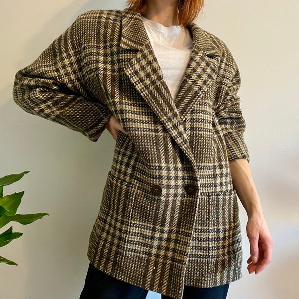 Vintage check blazer from BRIGITTE WEIS, west Germany 80s, brown green , Pure New Wool, Classic tweed look. Size 38, M