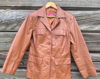 Brown leather jacket for woman, button up collared bomber, size 40, L