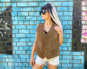 Retro leather Vest from RAGAZZI New Classics, midi brown, Western, Boho, Hippie gilet, bodyguard, size L