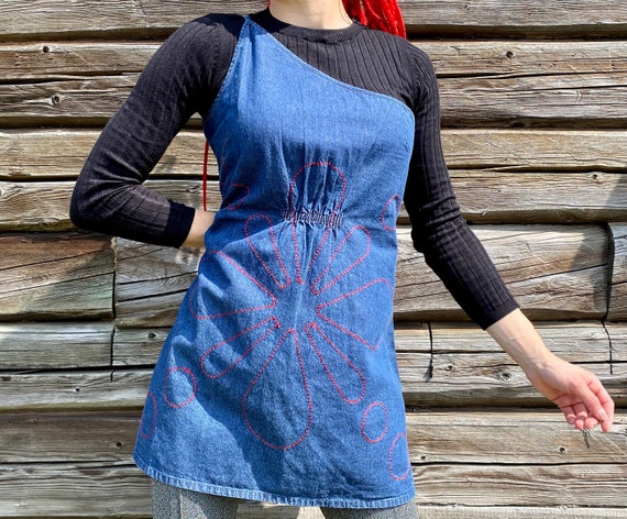 lee cooper denim dress 90s Lee Cooper Denim Mini Dress: Embroidered Flower One-shoulder Babydoll  (size L)