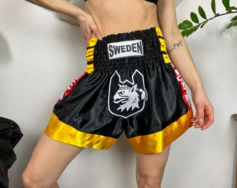 Sweden kickboxing shorts, high waist athletic boxing bottoms, muay thai real fighter shorts martial arts