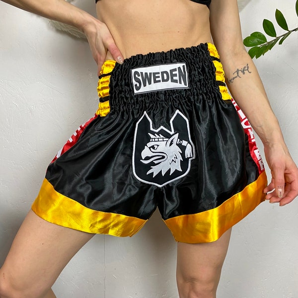 Sweden kickboxing shorts, high waist athletic boxing bottoms, muay thai real fighter shorts martial arts