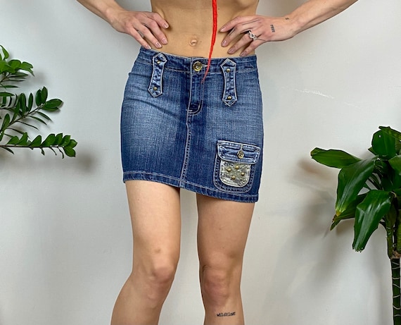 Denim Mini Skirt, Washed Out, Studded Pocket , School Girl