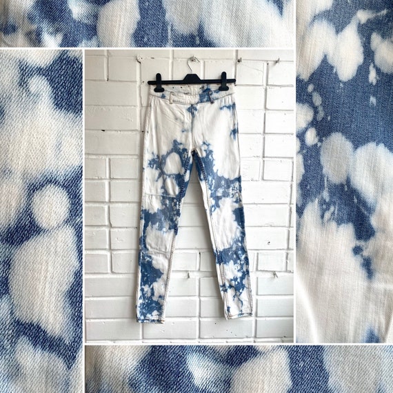 Restyled High Waist Jeans, Tie Dye Jean Butt Zip, Bleached Pattern,  Wearable Art, Unique Denim, Back Closure, Street Style, Size 34, XS-S 