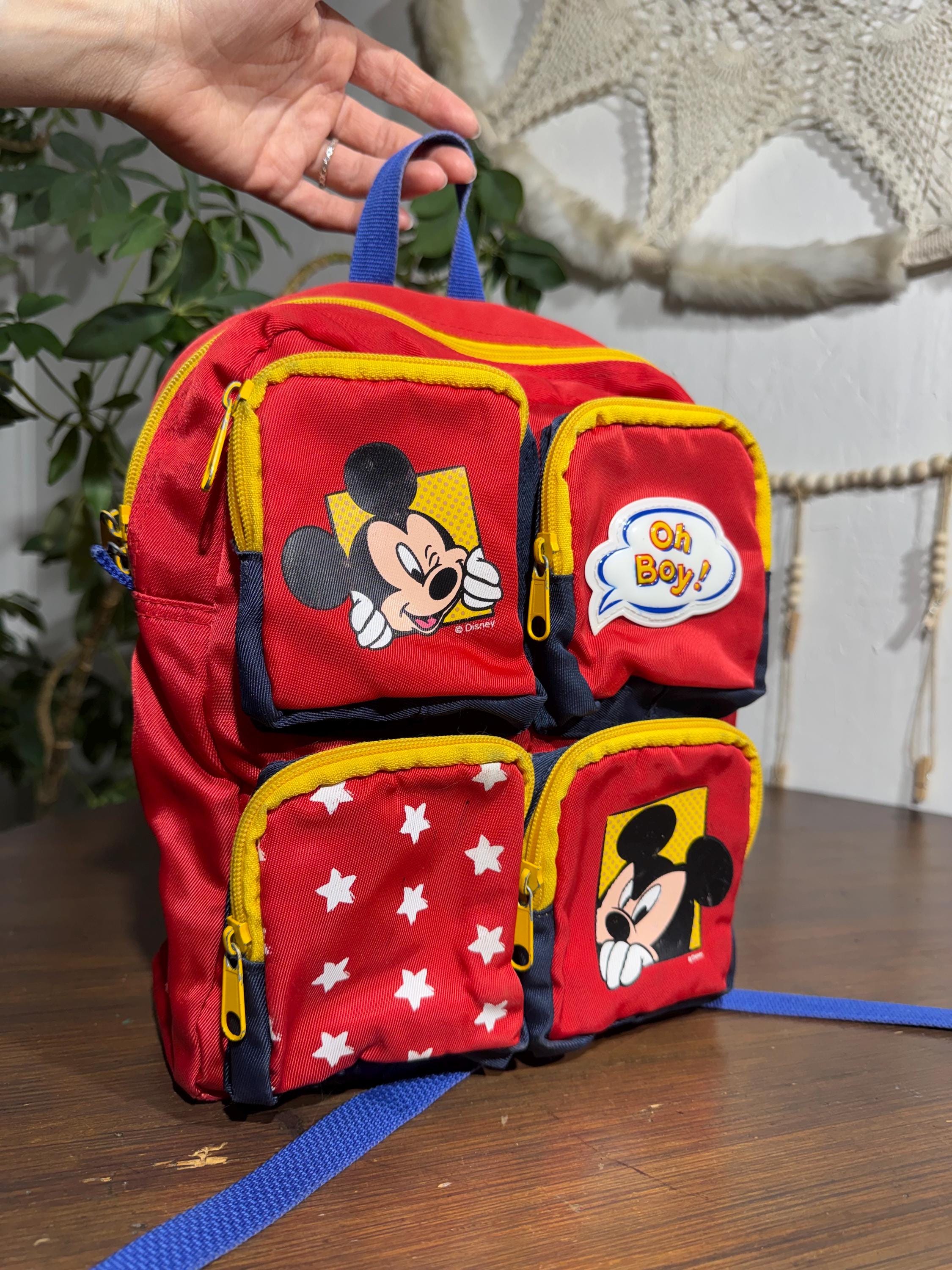 Retro Kids Backpack, Mickey Mouse 90s Disney Bag, Red Pocket Bag