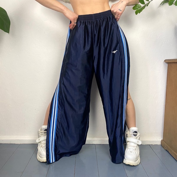 Mens track pants 90’s street style tracksuit full side button blue pocket sport pants size M