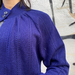 Vintage blue art-knit cardigan jumper from STRICK-RING BERLIN made in W-Germany , warm long extended sweater, size 44