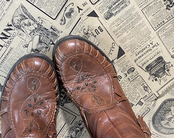 Leather bohemian boots: y2k slouchy studded hippie festival boots in Brown, Size 39