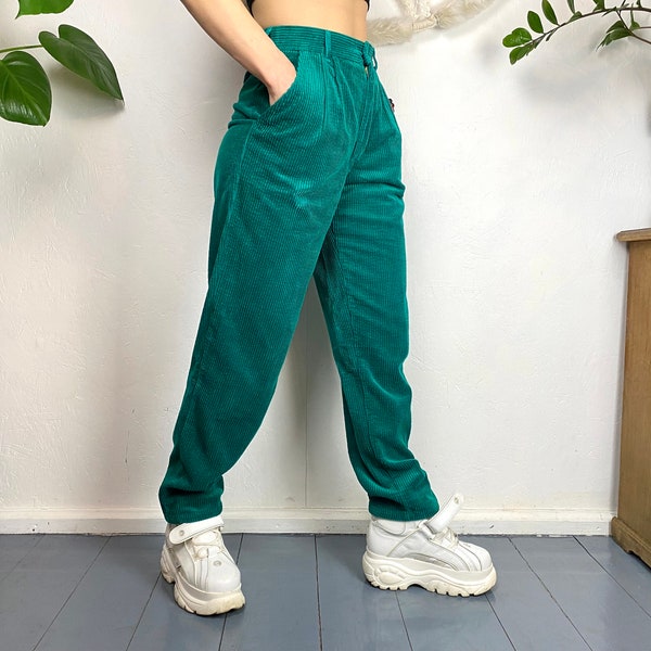 Vintage green high waist corduroy pants, soft ribbed velvet fitted waist and relaxed hips sexy bottoms, size S/M