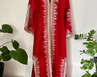 Vintage Red Embroidered Kaftan: Festival Maxi Robe, S/M