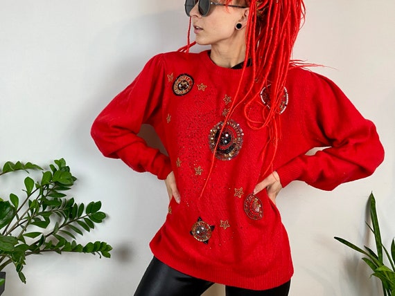 Vintage embellished sweater, 80’s red jumper, war… - image 8