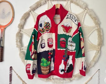The Eagle's Eye Hand-Knit Patchwork Cardigan Sweater, Country Store Embroidery, Size S/M