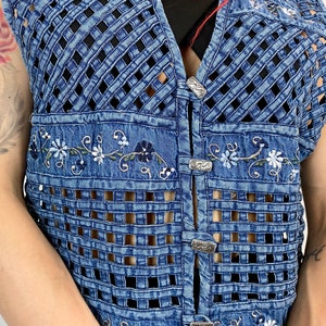 Embroidered denim Vest from SALONIE , hole pattern, embroidery vintage gilet, Jean waistcoat, Boho 80s , Blue funky artsy vest, size S/M