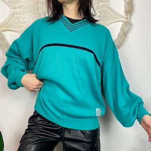 Vintage sweater from KAPPAHL, 80’s geometric blue jumper, warm cotton pullover blue black abstract jumper, retro sweater, size L