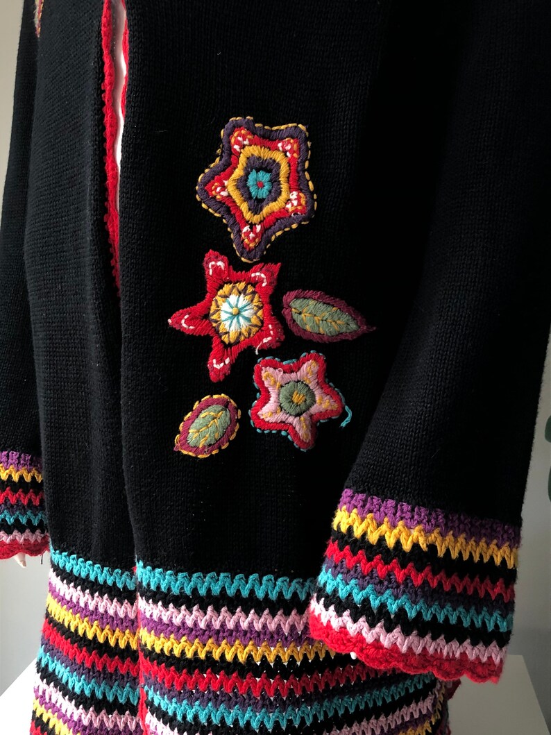 overcoat Hand crochet vintage cardigan with colorful flower embroidery Boho Hippie blazer Festival long jacket