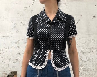 Vintage 1950s Polka Dot Blouse – Black & White Lace Shirt with Big Collar, Medium Size