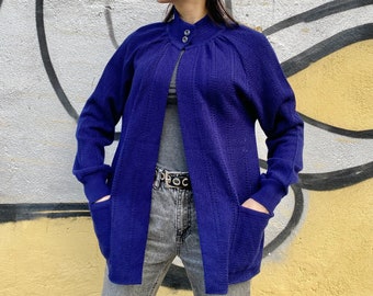 Vintage Blue Knit Cardigan: 80s German Designer Sweater, Size 44
