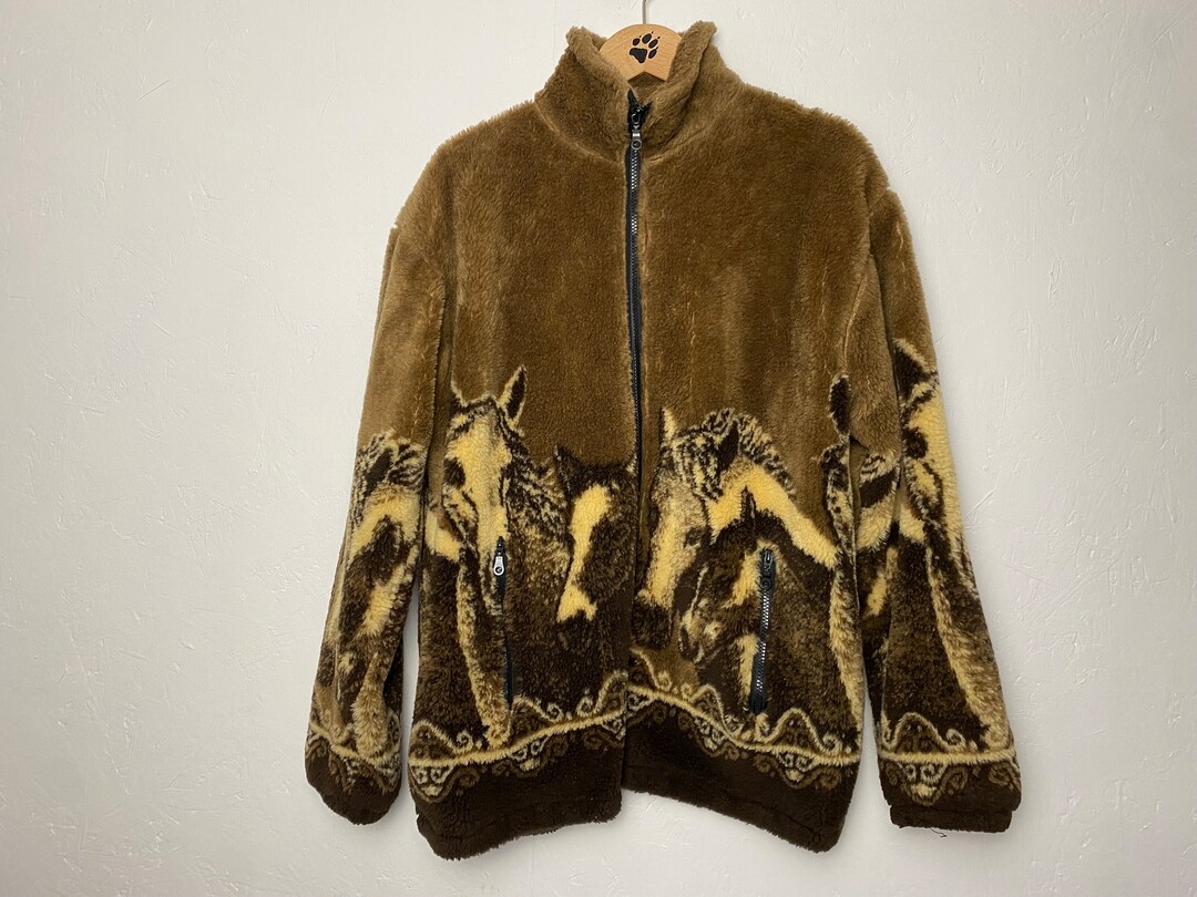Horse Fleece Jacket Vintage 90s, Deep Fleece Brown Boho Hippie Warm Bomber Jacket, Wild Horses