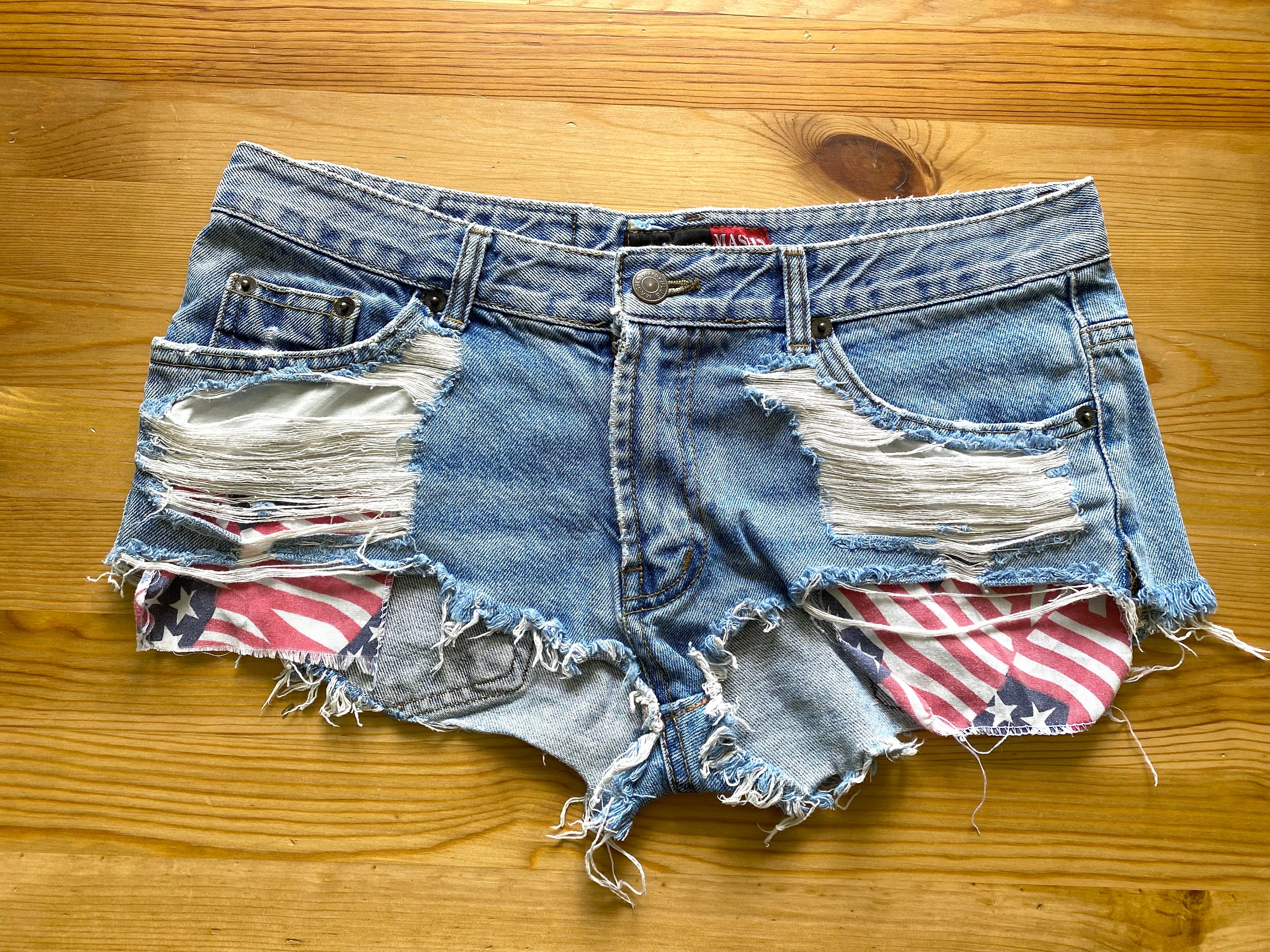 Denim Shorts Ripped From MASH American Flag Pocket Bottoms Sexy Bottoms Denim Booty Short Fringed Distressed Bottoms S M Etsy