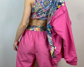 Colourful Tracksuit Set vintage 80’s, ruffled detailed abstract pink bright, pants and jacket, gymnastics, high waist, sexy, size S/M