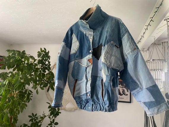 Handmade Patchwork Denim Bomber Jacket: Upcycled … - image 1