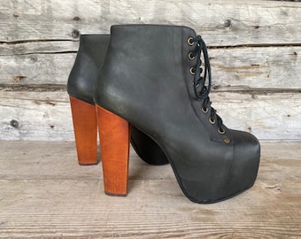 Ankle boots on platform wooden high heel from JEFFREY CAMPBELL California , lace up black leather high heel comfy sturdy pumps, size 36