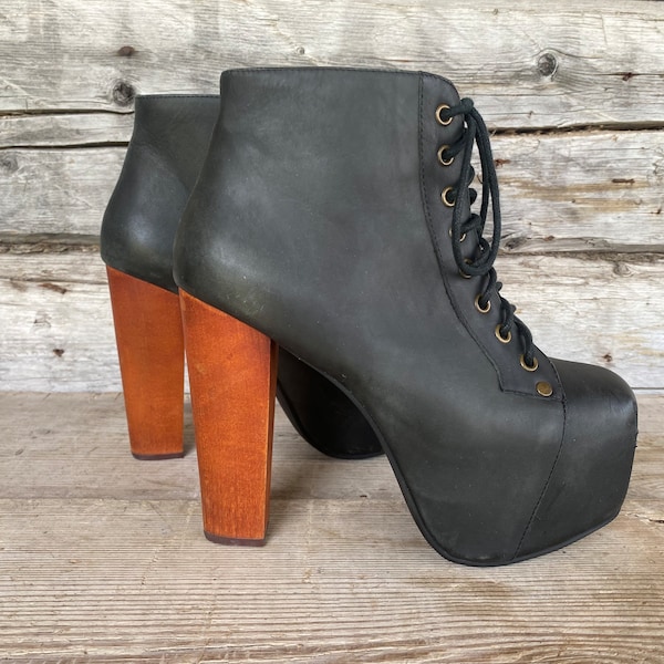 Ankle boots on platform wooden high heel from JEFFREY CAMPBELL California , lace up black leather high heel comfy sturdy pumps, size 36