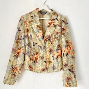 Vintage artistic Tropical Blazer: Ruffle exotic lightweight bomber, Size 38/M