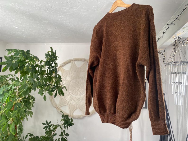 May include: A brown sweater hangs on a wooden hanger. The sweater has a crew neck and long sleeves. The material appears to be a soft knit. The background includes a plant, a decorative wall hanging, and a light fixture.