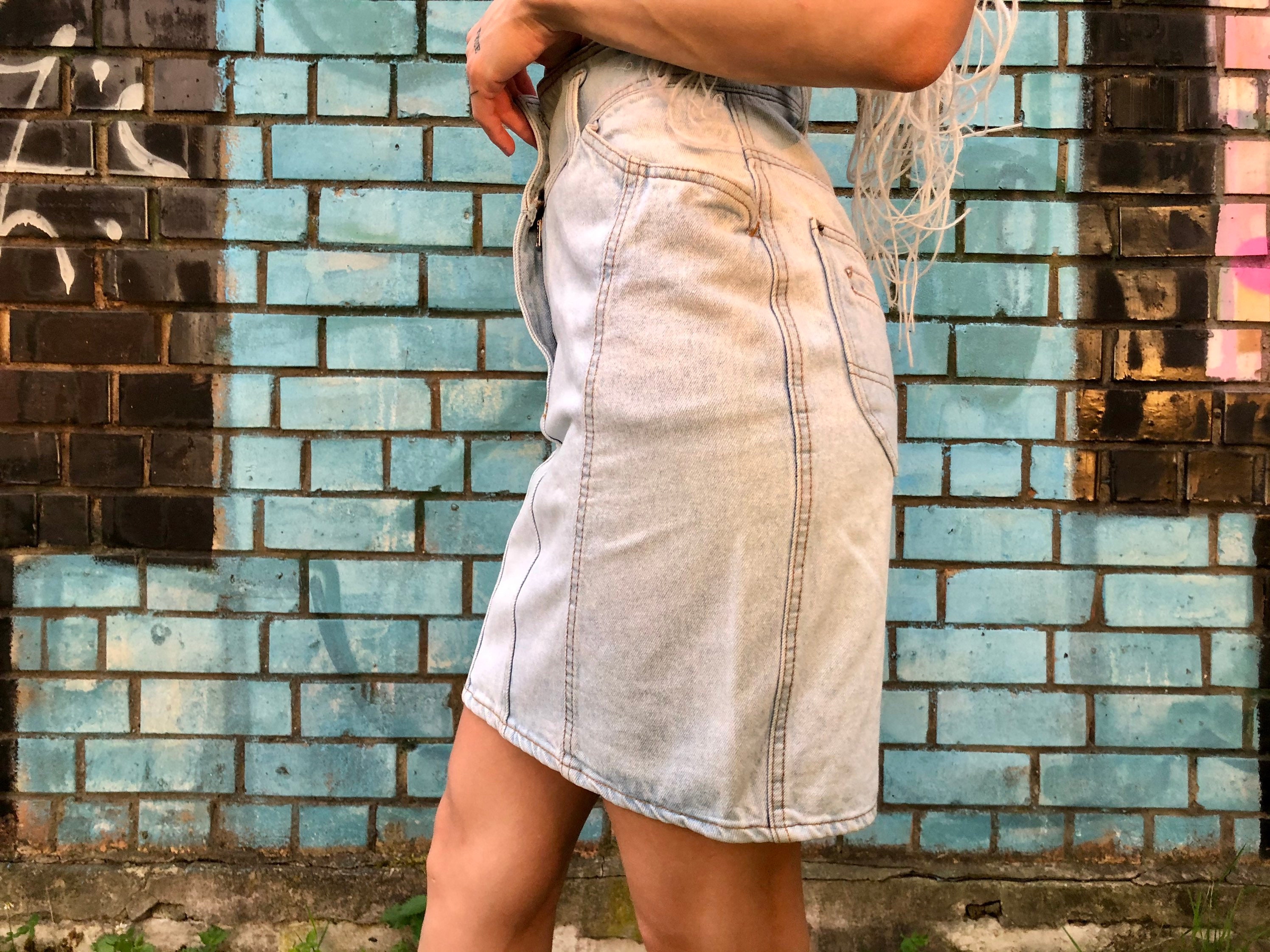 High Waist Denim Skirt, Sexy Booty, Light Jean Wash, 80s