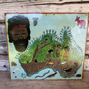 Vintage fait main Australie carte pays gens peinture animalière dessin sur bois pressé