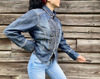 Cropped denim jacket from JOSEPHINE & Co, jean jacket french military button style , slim jean jacket, multiple button jacket, size 44