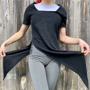 Vintage gothic asymmetrical black shirt from MG, cotton lace, summer shirt, extended v shape length , punk, steampunk, size S/M