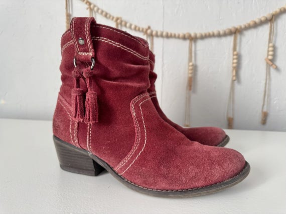 Burgundy ankle boots, woman’s suede leather slouchy shoes, size 38
