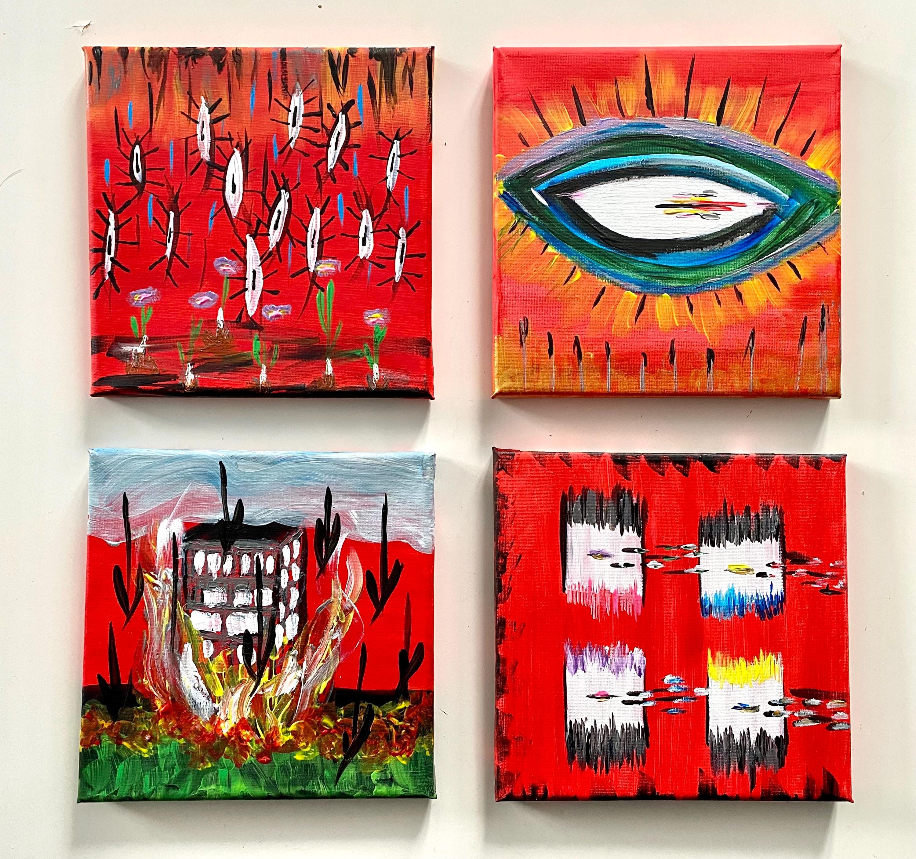 抽象的な目のアクリル絵画セット：赤い芸術的なキャンバス（20 x 20 cm