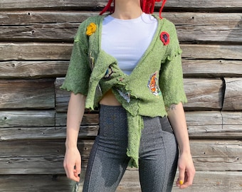 Handmade Knit Patchwork Bolero sweater: Artsy Boho Cropped tie-up Cardigan (S-L)
