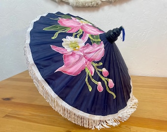 Handmade sun umbrella, small taiwan vintage flower painted blue pink tassel umbrella