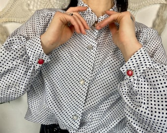Vintage Polka Dot Button Shirt: Artsy Long Sleeve Blouse (Size L)