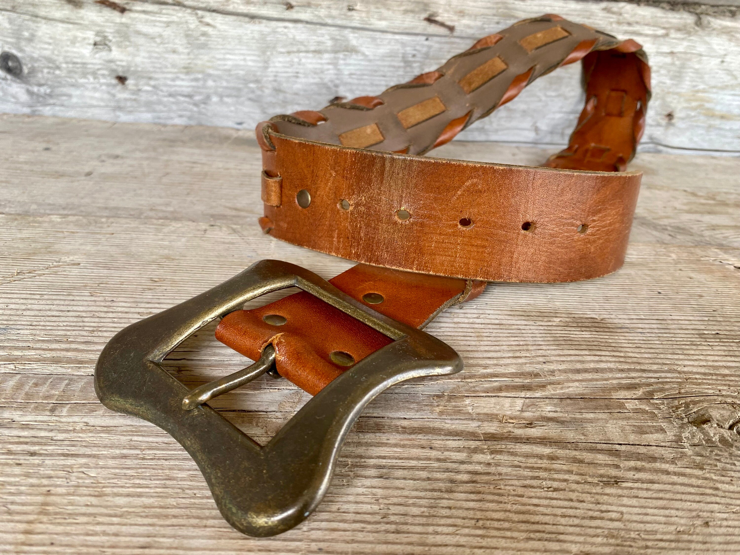 Vintage Brown Belt From Leather, Wide Braided Boho Style, 90 