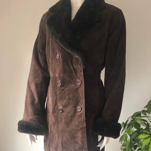 Leather brown coat, winter parka, brown sherpa, shearling boho coat vintage , dark brown, vegan fur, size uk 14