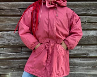 Pink 80s TIKLAS windbreaker jacket, woman’s panelled overcoat, size L/XL