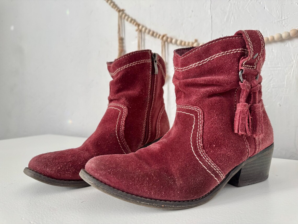 Burgundy ankle boots, woman’s suede leather slouchy shoes, size 38, foto 2 di 5