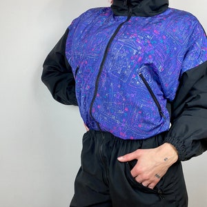 Vintage Ski Suit woman’s purple colourblock overall , retro Snow Suit warm overall, abstract night sky pattern winter Onesie, size S, eur 36