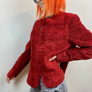 Red comfy Blazer 80’s from POLA made in Finland, woman’s burgundy red soft vintage jacket in size L, 42