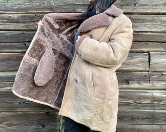 Vintage sherpajas van echte schapenvacht: Arctic-jas heren, maat 56