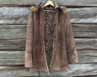 Vintage brown Leather Coat MEIKER: hooded 90s warm winter wear, Size 44