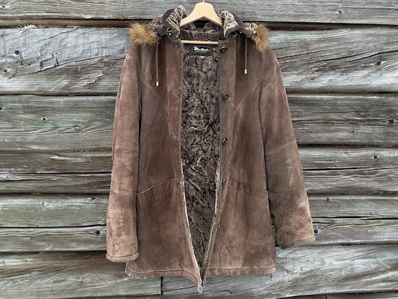 Vintage brown Leather Coat MEIKER: hooded 90s warm winter wear, Size 44