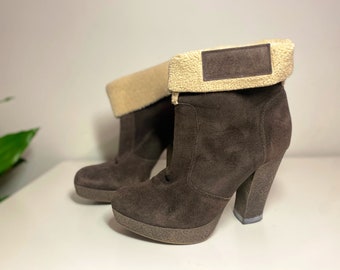 Shearling MISS SIXTY boots Y2K, shearling lining, suede, platform ankle boots, country style, millennials, size 40