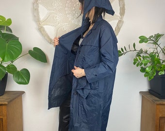 Rain coat with headwear,  womans windbreaker water resistant coat 80s, deep navy blue